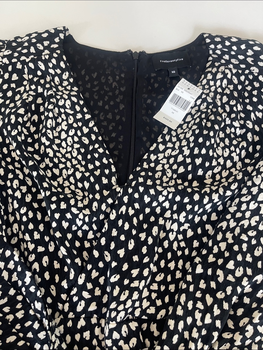 Barneys New York Black and Cream Printed V-Neck Blouse